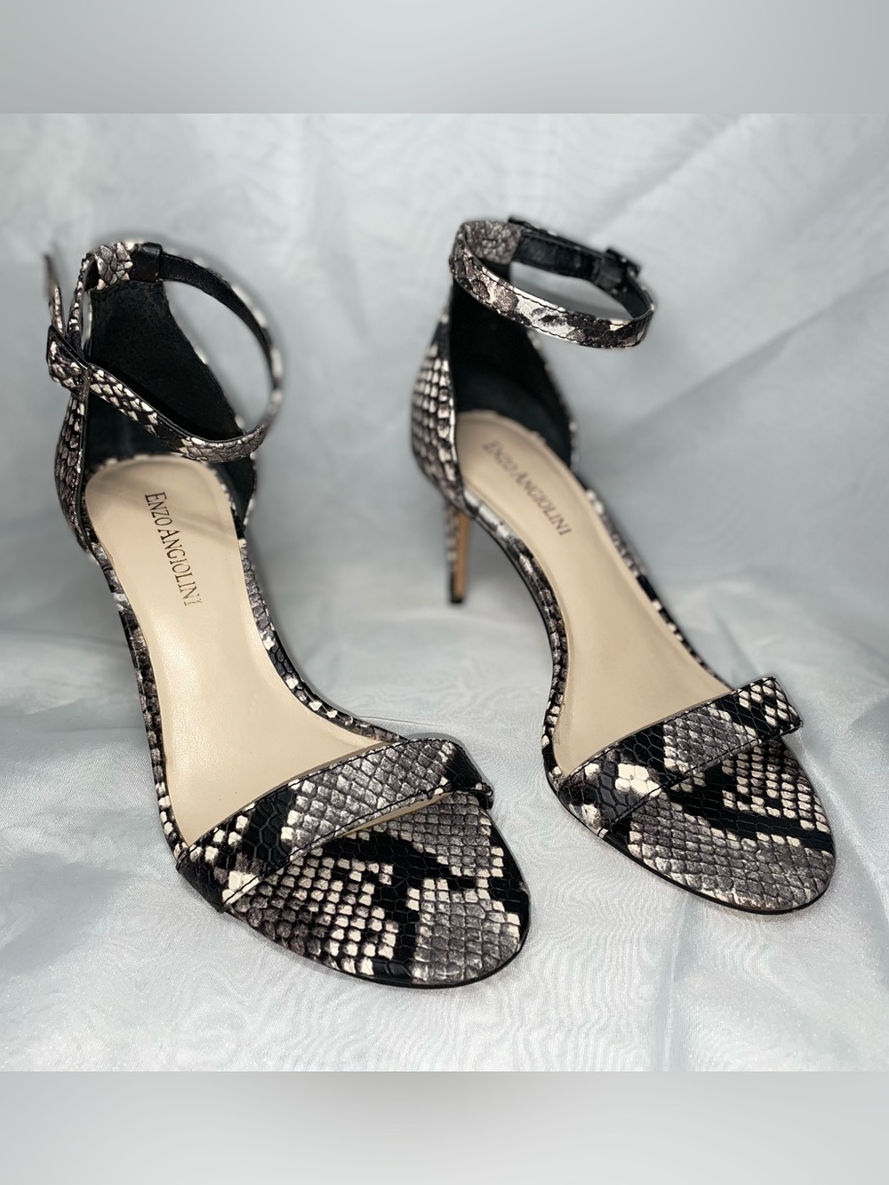 Enzo Angiolini Black & Gray Snake-Print Ankle Strap Heels